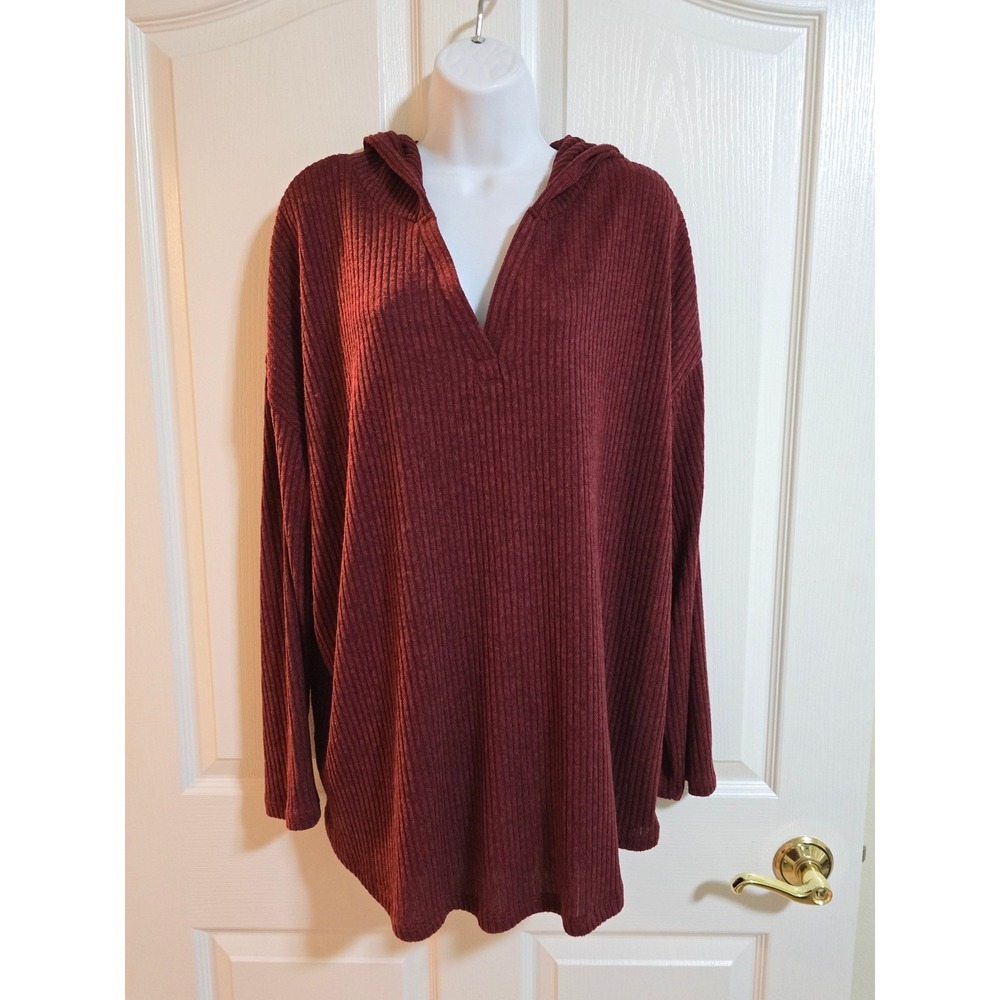 Justify Burgundy Ribbed V Neck Hooded Tunic Top Plus Size 1X /0235